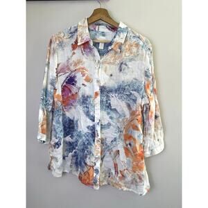 Chico’s 100% Linen Button Down Shirt Women’s Large Floral Abstract Lightweight